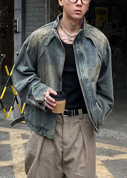 Vintage Blue Zip Up Pockets Denim Men Coat Spring TC048