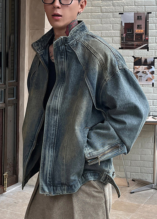 Vintage Blue Zip Up Pockets Denim Men Coat Spring TC048