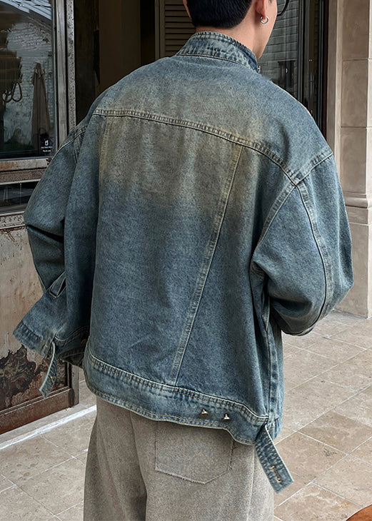 Vintage Blue Zip Up Pockets Denim Men Coat Spring TC048