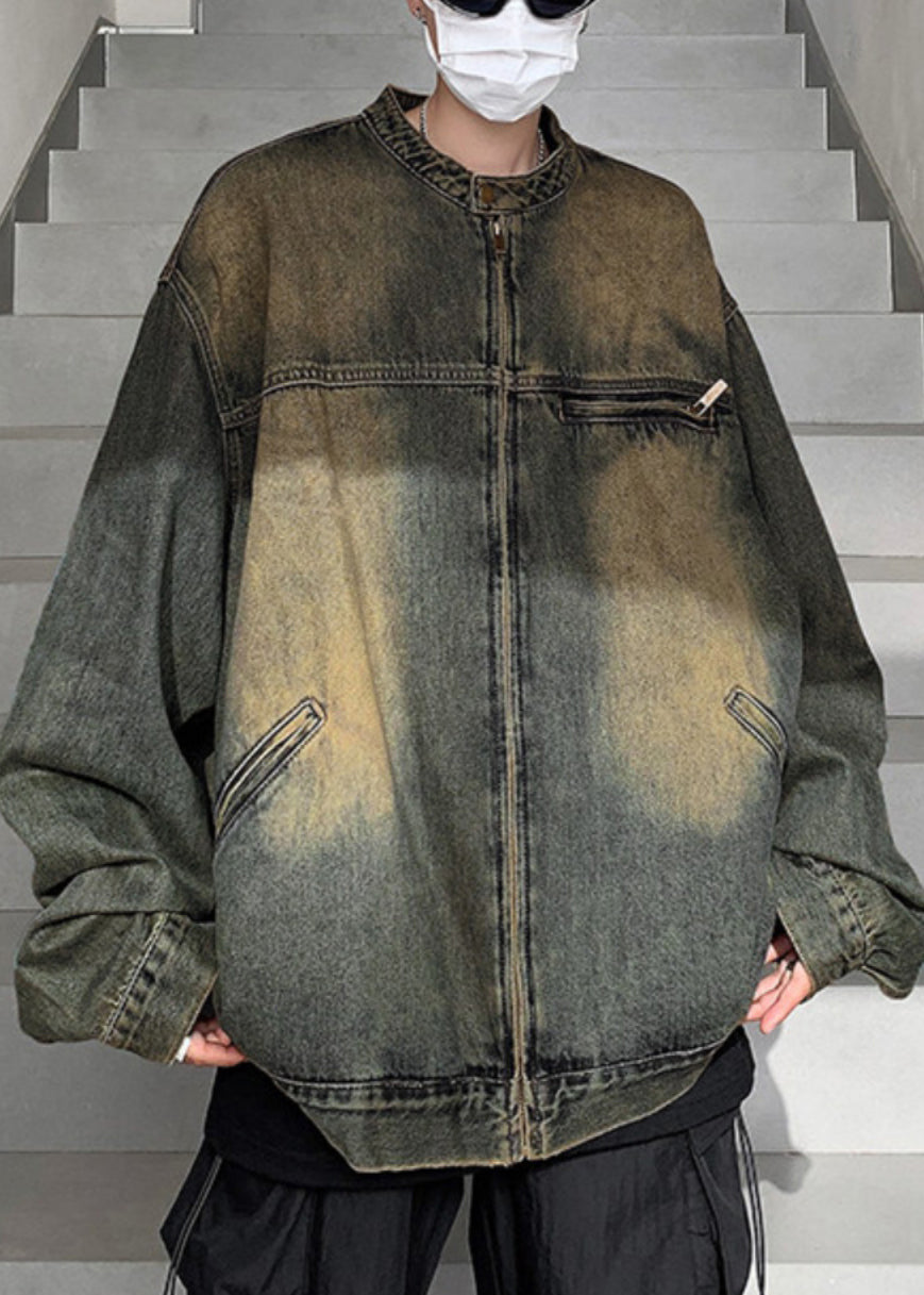 Denim Zippered Blue Coat Fall Pockets Men Vintage