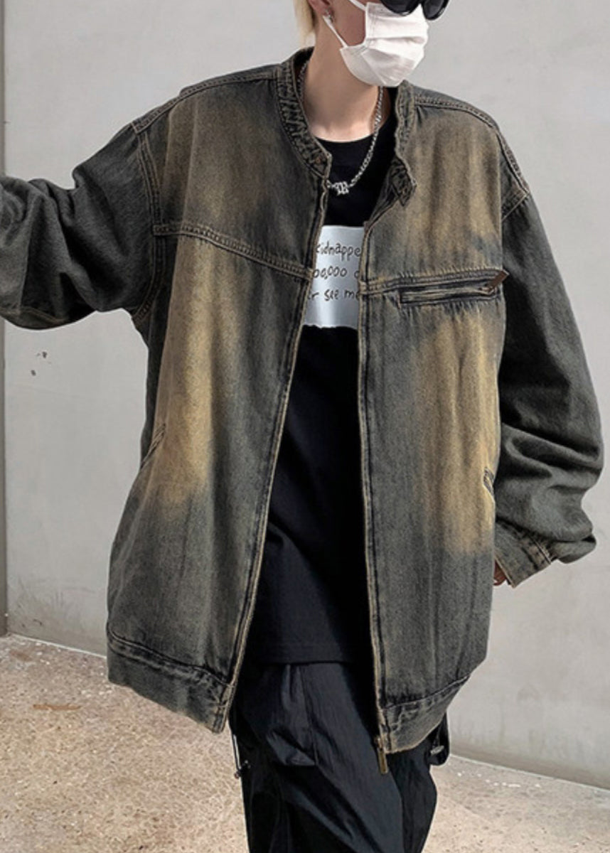 Denim Zippered Blue Coat Fall Pockets Men Vintage