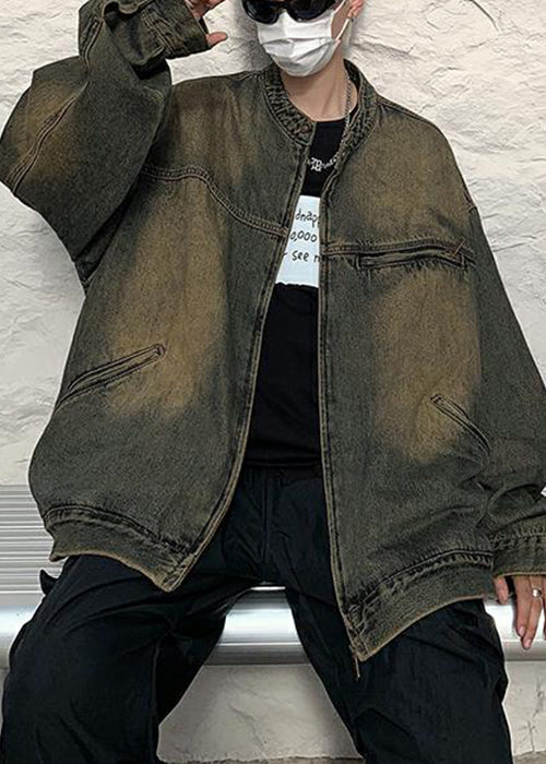 Denim Zippered Blue Coat Fall Pockets Men Vintage