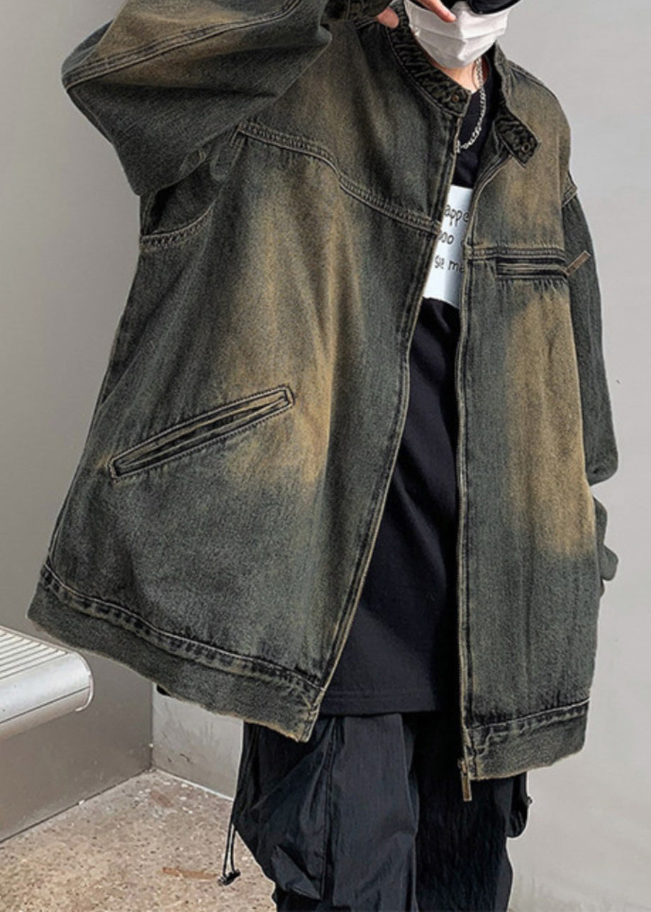 Denim Zippered Blue Coat Fall Pockets Men Vintage