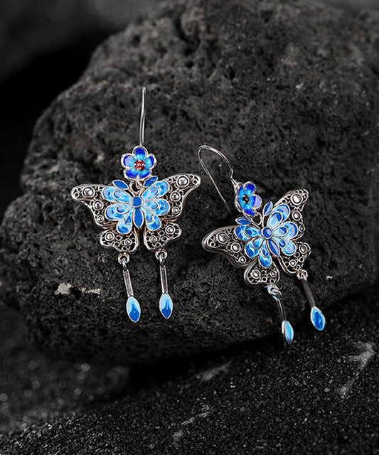 Vintage Boutique Blue Sterling Silver Butterfly Plum Blossom Tassel Drop Earrings QJ026