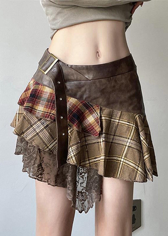 Vintage Patchwork Skirts Faux Leather Asymmetrical Lace Brown
