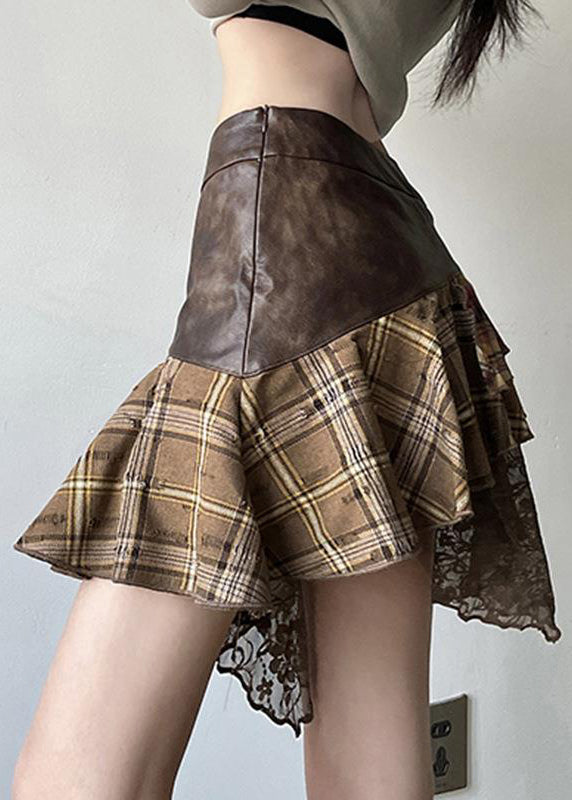 Vintage Patchwork Skirts Faux Leather Asymmetrical Lace Brown
