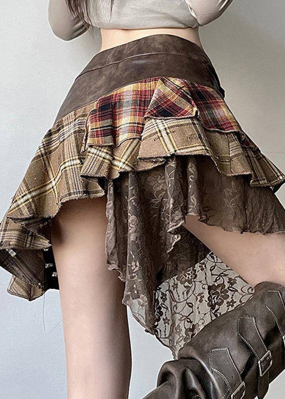 Vintage Patchwork Skirts Faux Leather Asymmetrical Lace Brown