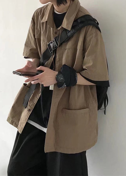 Summer Pockets Brown Vintage Solid Shirt Mens Button Cotton