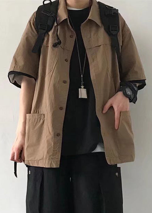 Summer Pockets Brown Vintage Solid Shirt Mens Button Cotton