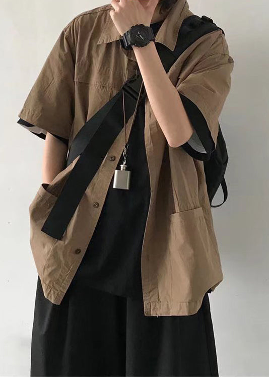 Summer Pockets Brown Vintage Solid Shirt Mens Button Cotton