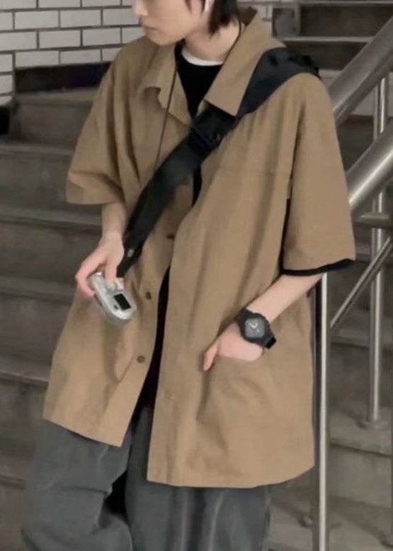 Summer Pockets Brown Vintage Solid Shirt Mens Button Cotton