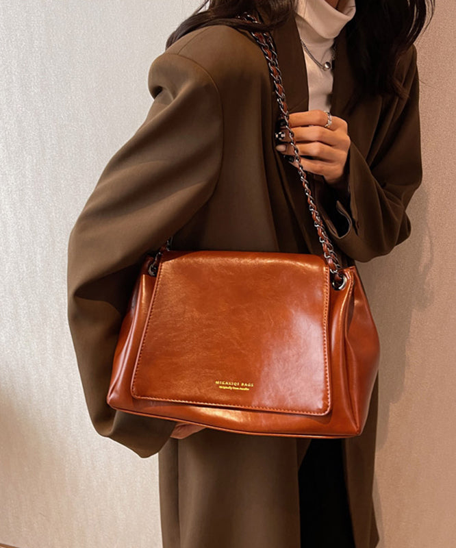 Vintage Brown Chain Linked Faux Leather Tote Handbag UU1069