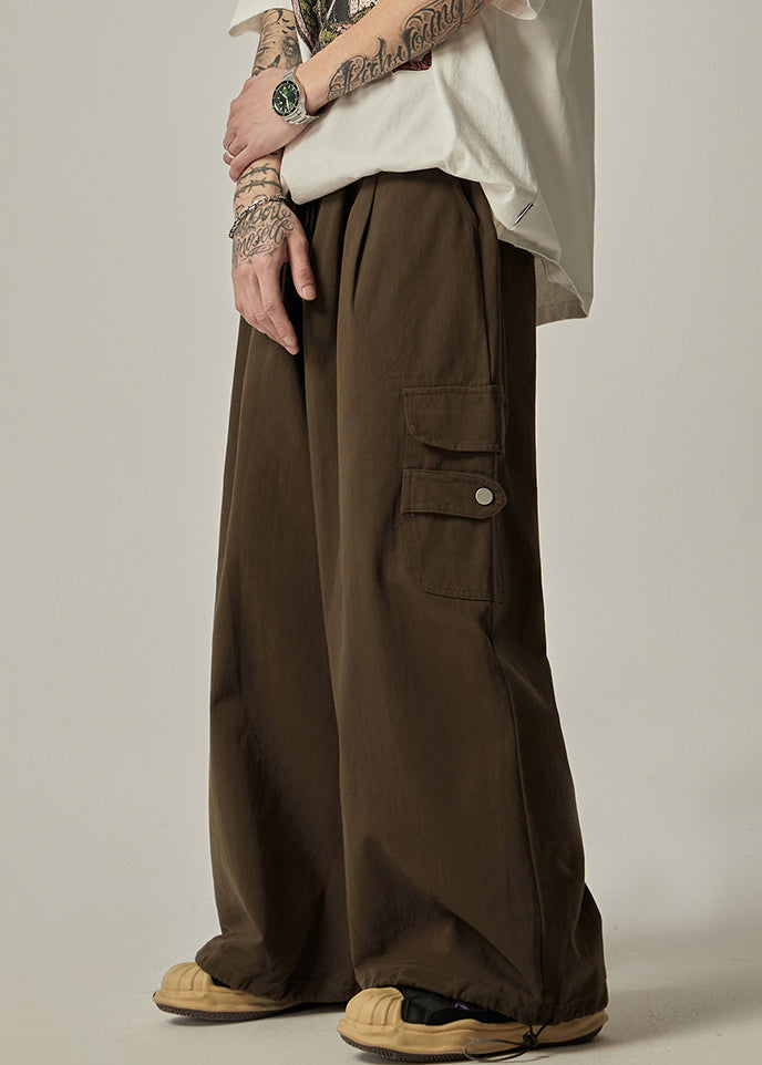 Pockets Vintage Drawstring Leg Mens Pants Cotton Wide Brown