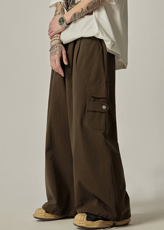 Pockets Vintage Drawstring Leg Mens Pants Cotton Wide Brown