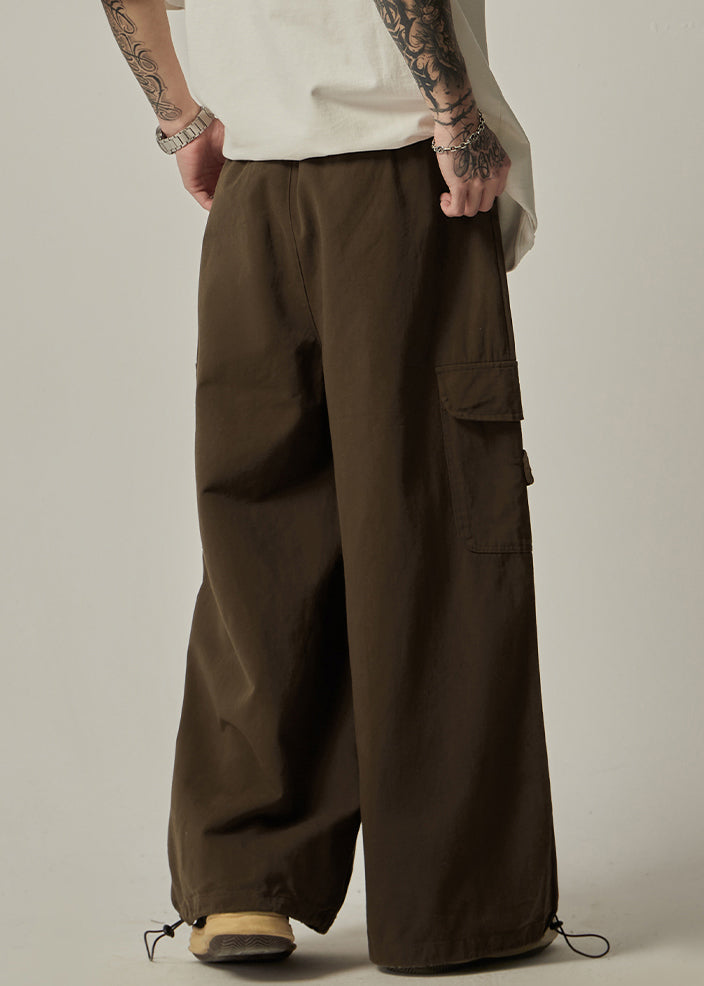 Pockets Vintage Drawstring Leg Mens Pants Cotton Wide Brown