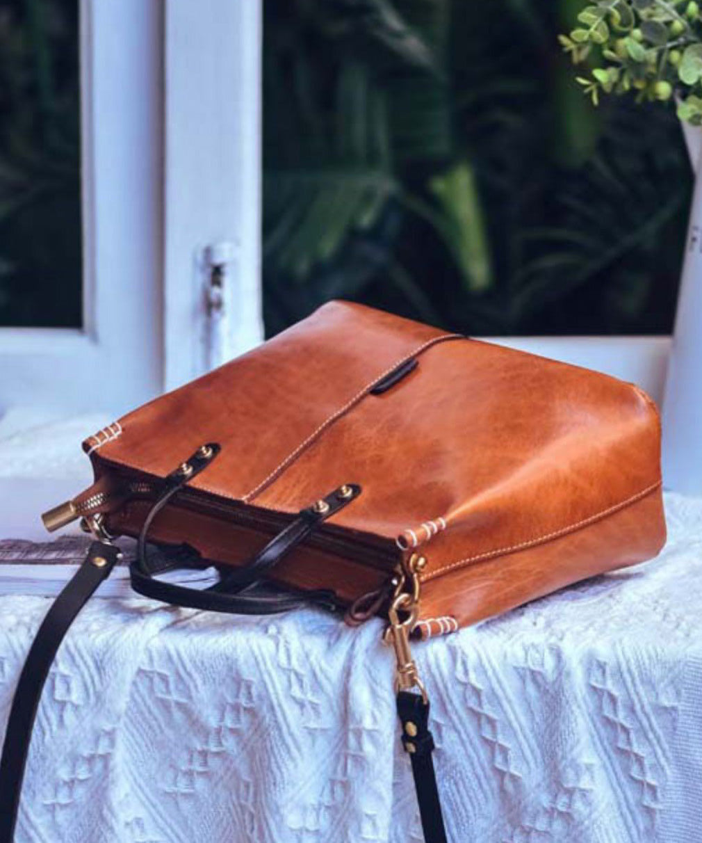 Brown Tote Large Vintage Durable Leather Handbag