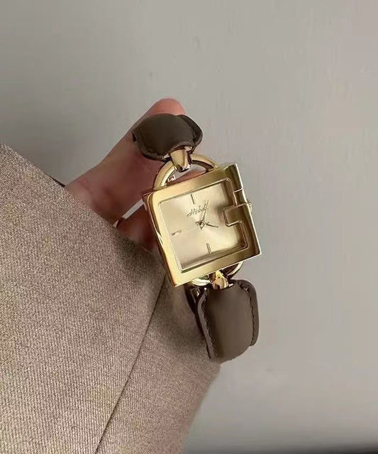 Quartz Square Gold Patchwork Brown Movement Chain Vintage Leather