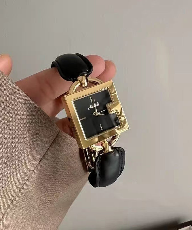 Quartz Square Gold Patchwork Brown Movement Chain Vintage Leather