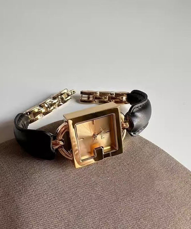 Quartz Square Gold Patchwork Brown Movement Chain Vintage Leather