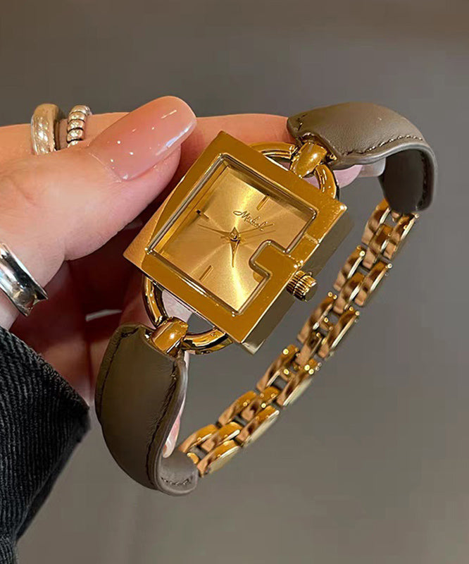 Quartz Square Gold Patchwork Brown Movement Chain Vintage Leather