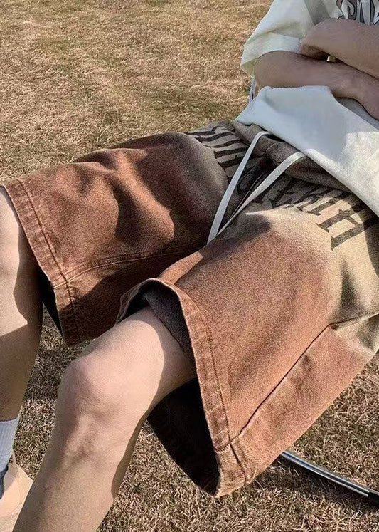 Shorts Vintage Denim Brown Print Pockets Color Gradient Men