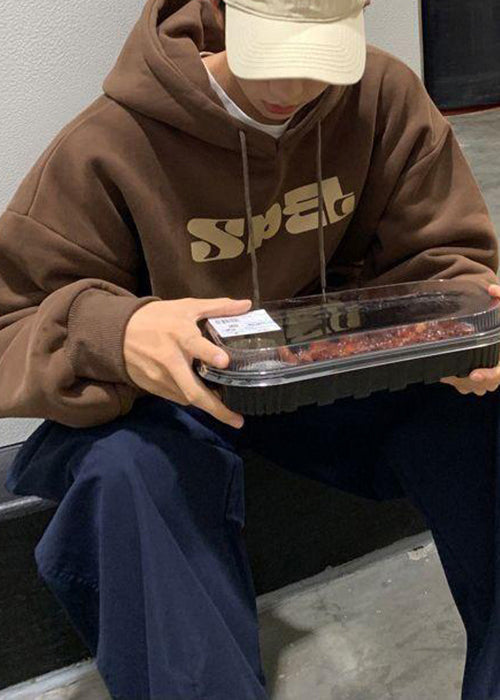 Vintage Brown Hooded Print Lace Up Cotton Men Sweatshirt Spring YQ026