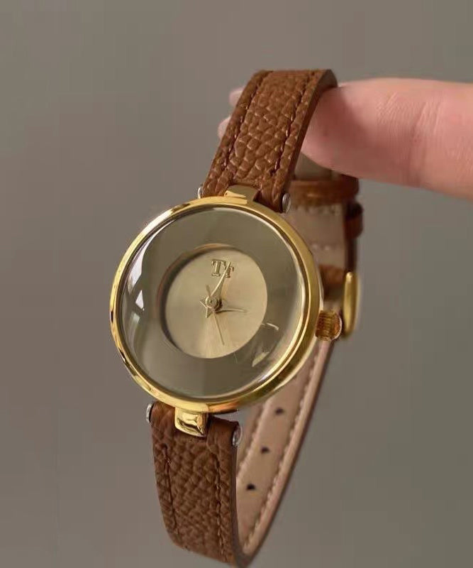 Brown Vintage Crystal Leather Watches Alloy Hardlex