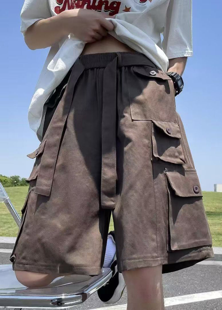 Waist Elastic Shorts Mens Vintage Pockets Cotton Brown Summer