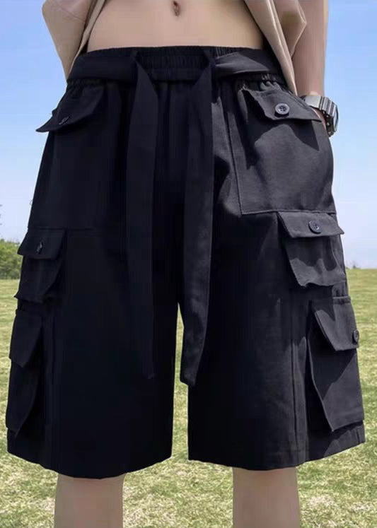 Waist Elastic Shorts Mens Vintage Pockets Cotton Brown Summer