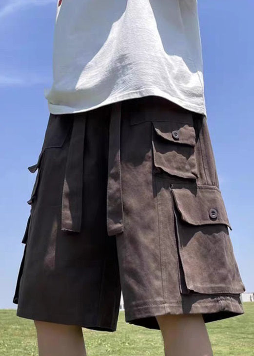 Waist Elastic Shorts Mens Vintage Pockets Cotton Brown Summer