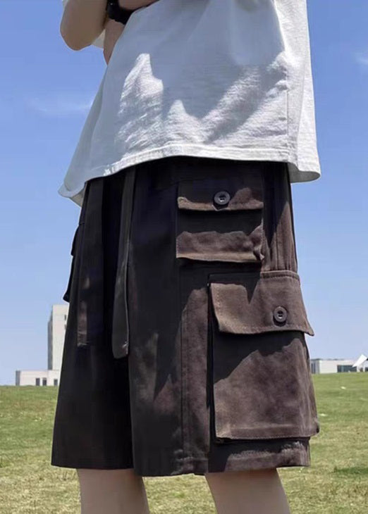 Waist Elastic Shorts Mens Vintage Pockets Cotton Brown Summer