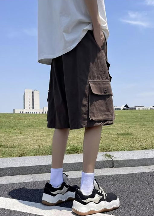 Waist Elastic Shorts Mens Vintage Pockets Cotton Brown Summer