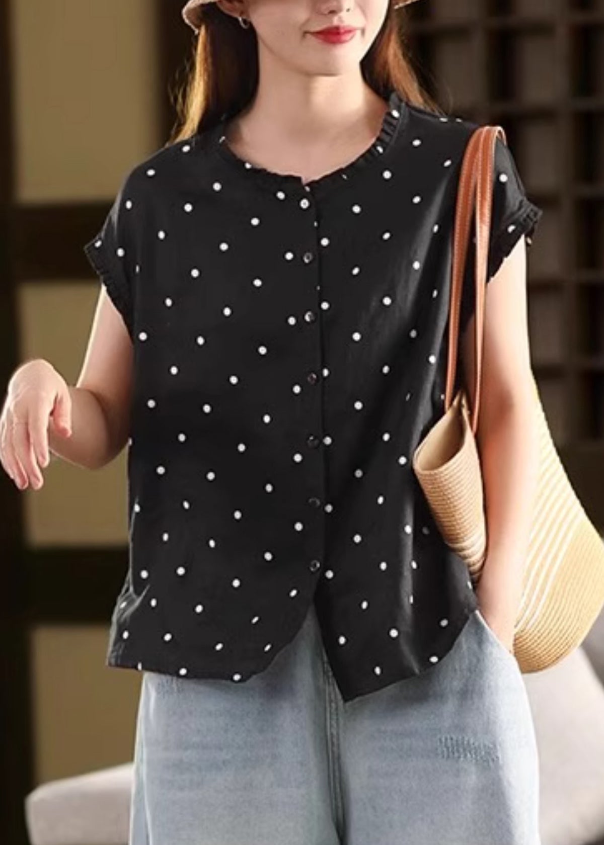 Linen Summer Coffee Vintage Shirt Ruffled Dot