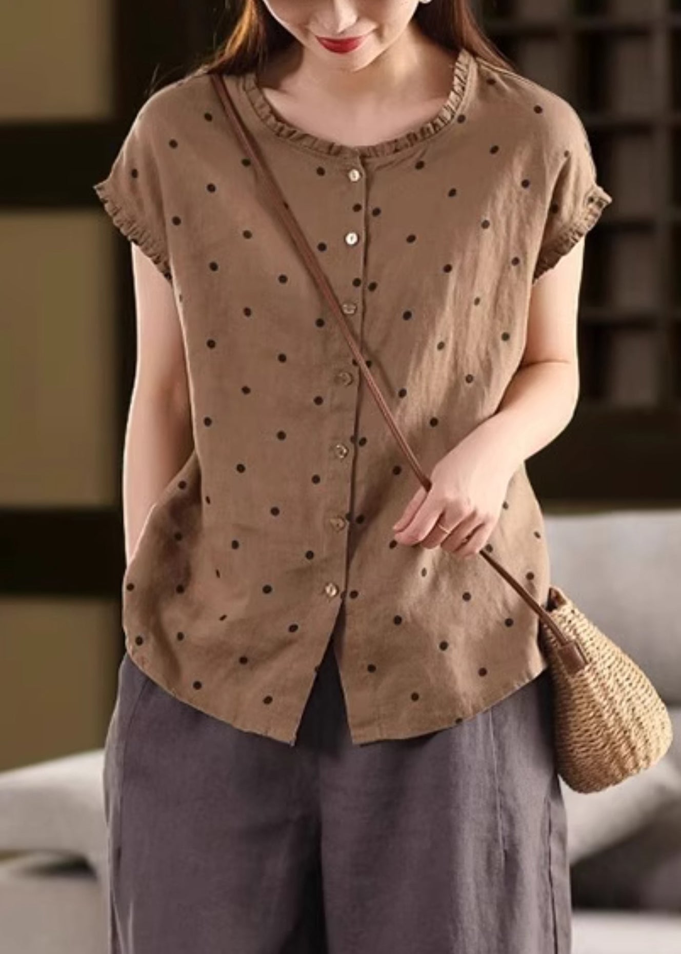 Linen Summer Coffee Vintage Shirt Ruffled Dot
