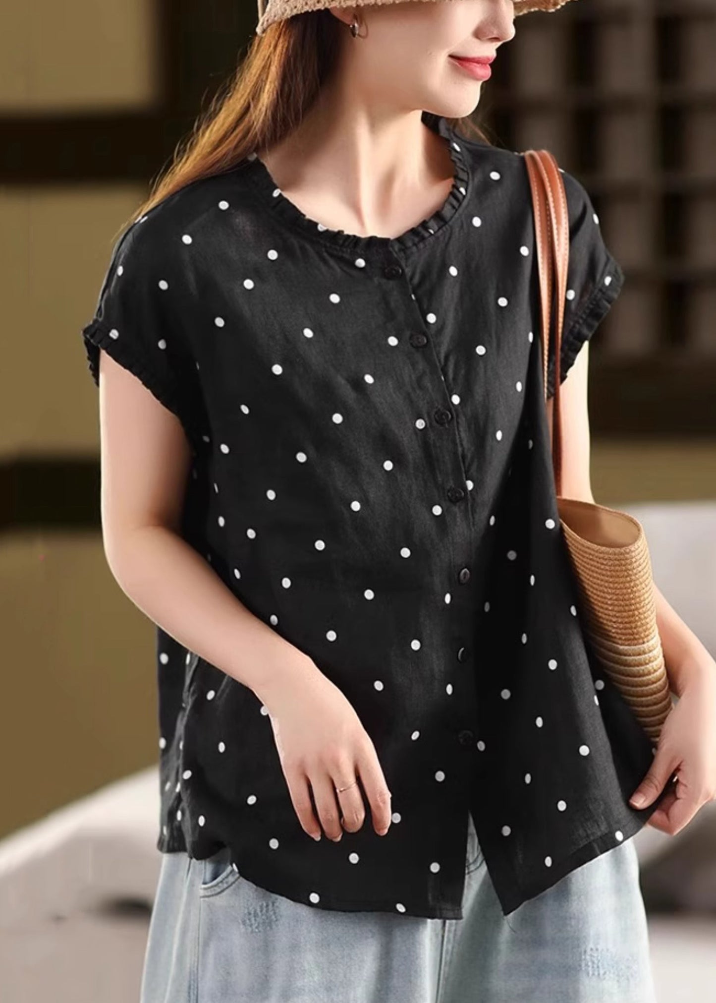 Linen Summer Coffee Vintage Shirt Ruffled Dot