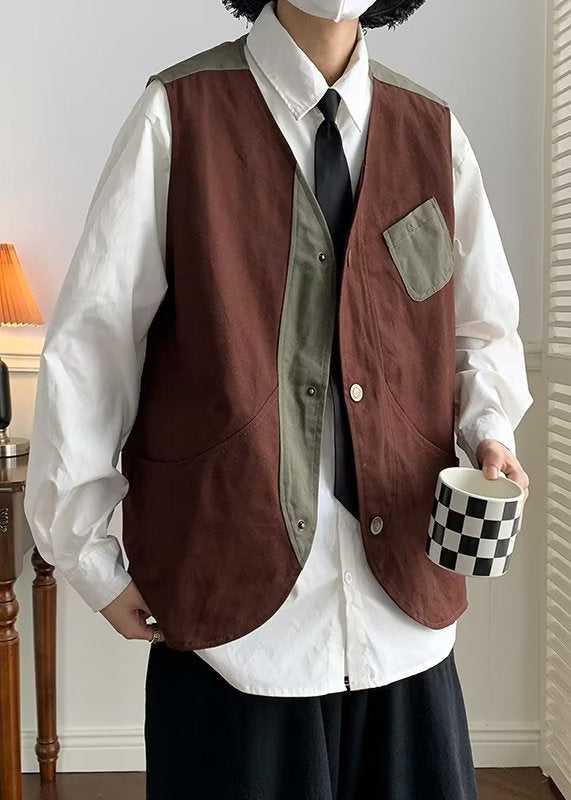 Vintage Coffee V Neck Patchwork Cotton Men Waistcoat Spring RN005