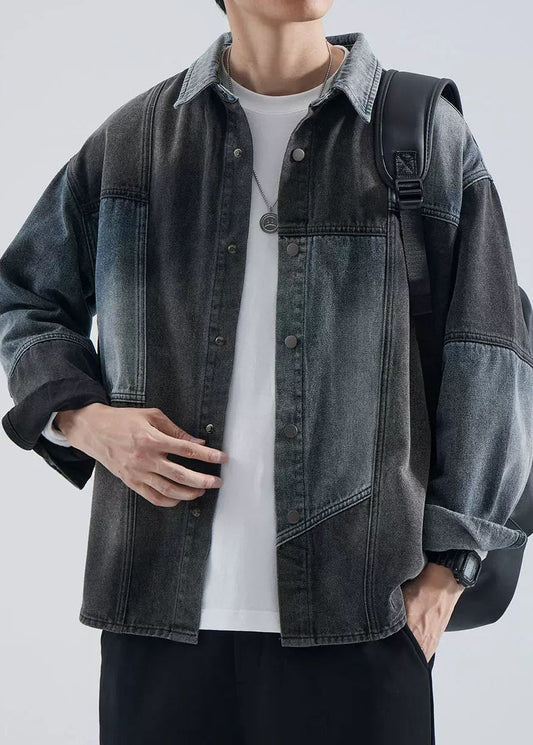 Spring Pan Coat Men Denim Button Collar Peter Vintage Colorblock