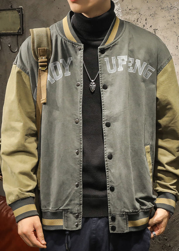 Vintage Dark Gray Print Patchwork Cotton Mens Jackets Spring TC010