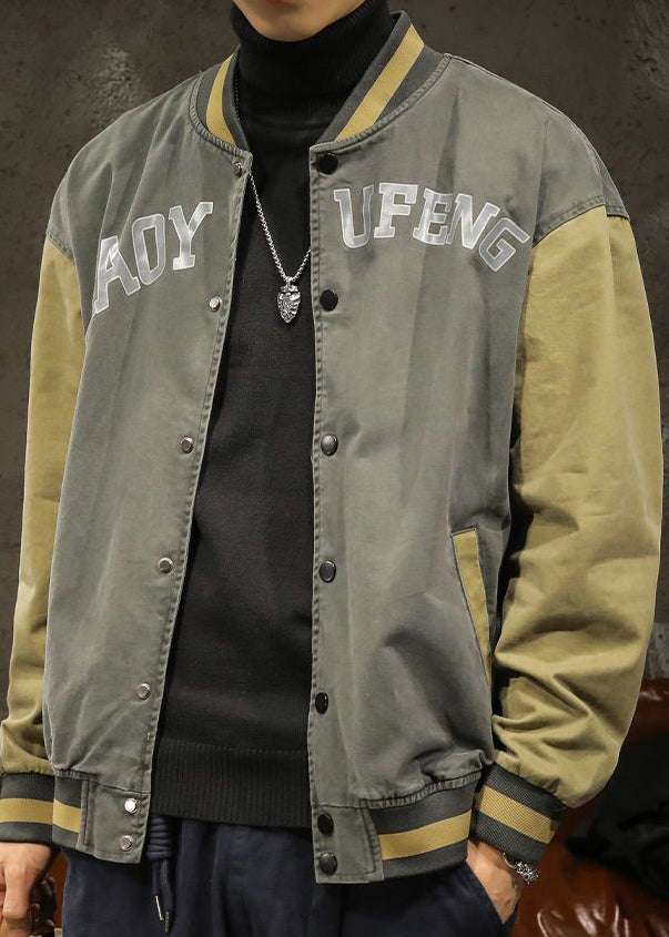 Vintage Dark Gray Print Patchwork Cotton Mens Jackets Spring TC010