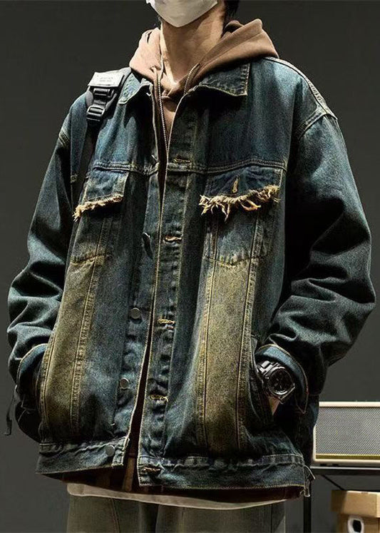 Vintage Denim Blue Peter Pan Collar Button Pockets Mens Coats Spring TC040