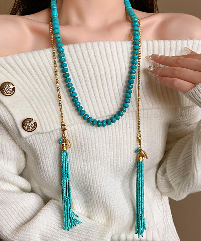 Vintage Gold Alloy Turquoise Beading Tassel Gratuated Bead Necklace WO015