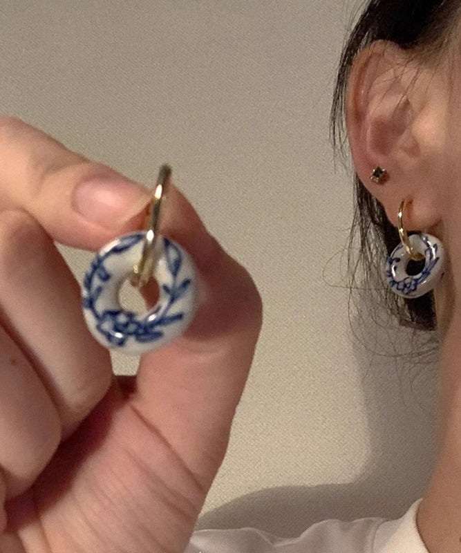 Vintage Gold Copper Overgild Ceramics Floral Hoop Earrings QU047