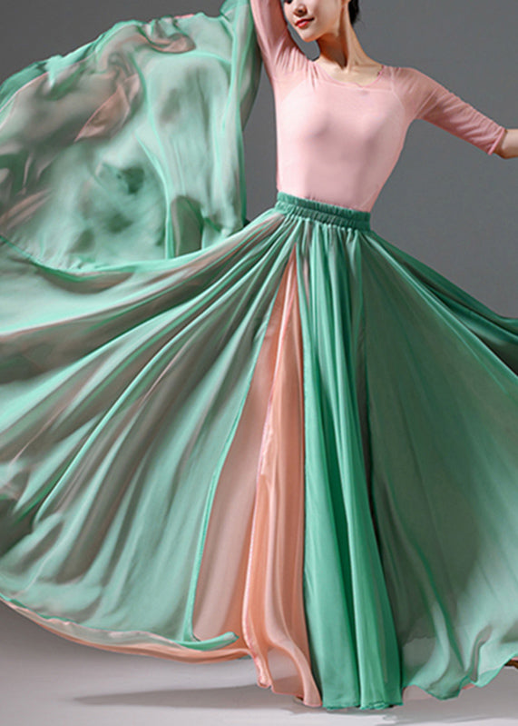 Summer Waist Green Silk Maxi High Skirt Vintage Grass Patchwork