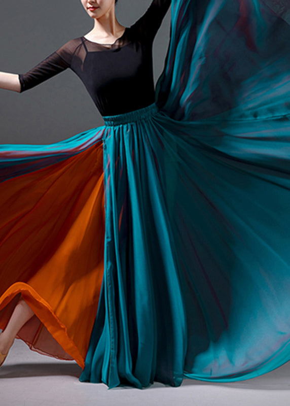 Summer Waist Green Silk Maxi High Skirt Vintage Grass Patchwork