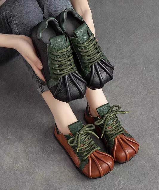 Up Cowhide Splicing Lace Flat Leather Green Shoes Vintage