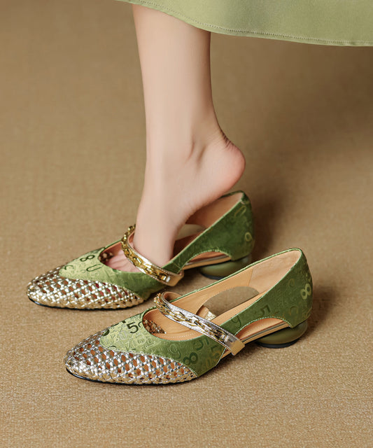 Leather Vintage Splicing Cowhide Out Chunky Shoes Green Hollow