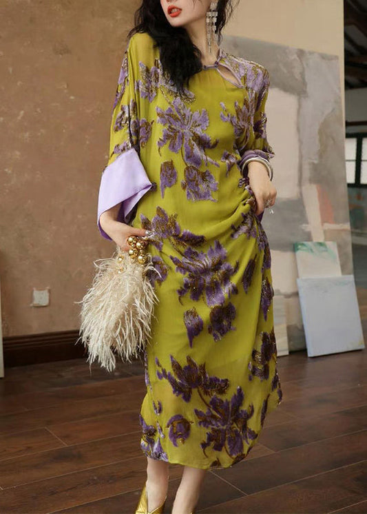 Vintage Grün Besticktes Patchwork Chiffon Langes Kleid Frühling UU1033