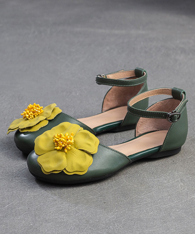 Strap Splicing Green Floral Sandals Vintage Buckle Flat