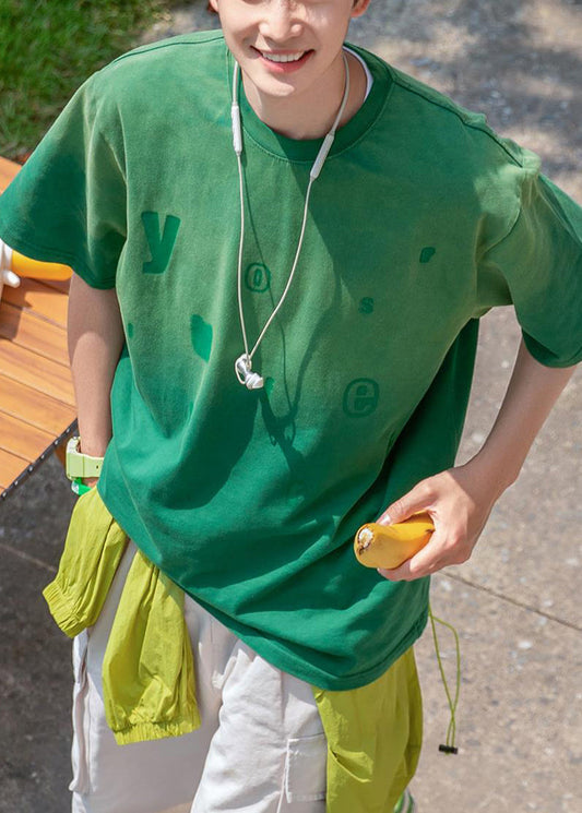 Cotton Vintage Gradient Men Summer Green T Letter Color Shirt
