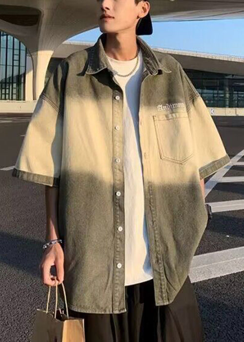 Cotton Shirts Vintage Color Pockets Green Half Gradient Men